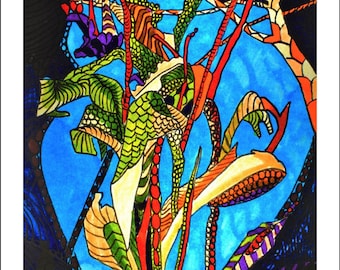 Vibrant Nature Inspired Drawing, Psychedelic Leaves A4 Print - Framed and Unframed