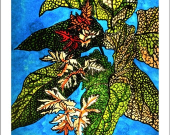 Green and Golden Leaves against Blue Sky: Abstract Nature A4 Print Art - Framed and Unframed