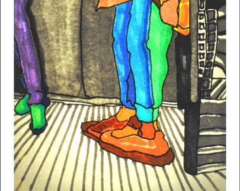 Men's Legs Women's Legs, Colourful London Underground Illustration: A4 Print - Framed and Unframed