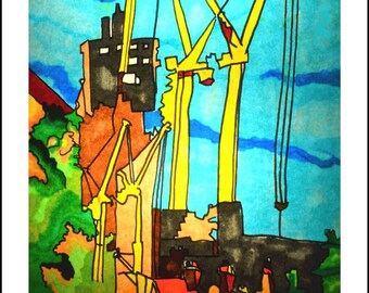 Cityscape View with Cranes, Colourful Wall Art: A4 Print Framed and Unframed