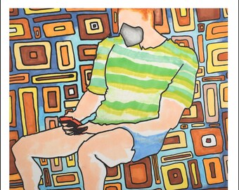 Retro Man on  London Underground, Quirky Wall Art: Small Print for Home - Framed and Unframed