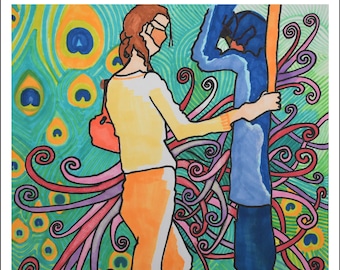 Abstract London Tube Art Print: Colorful Couple Illustration