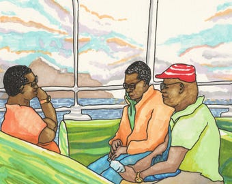 Colourful A4 Print of Men on Boat, Cabo Verde Travel Art