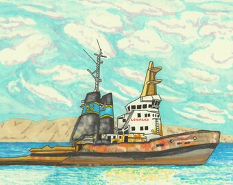 Shipwreck Boat Print, Mindelo Harbour Travel Art (A4)