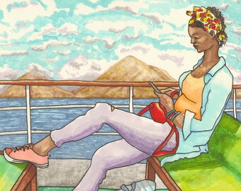 Woman on Boat Art Print, Cabo Verde Travel Art, Colorful Home Decor