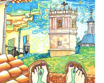Ayora Spain Rooftop View Print, Colorful Travel Wall Art