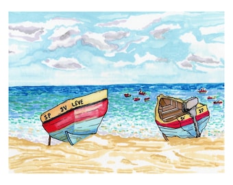 Beach Boats Art Print, Coastal Seascape Painting, Original Illustration