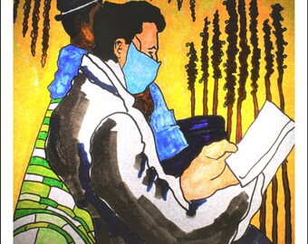 London Underground Scene, Man Reading Newspaper: Small London Art Print - Framed and Unframed