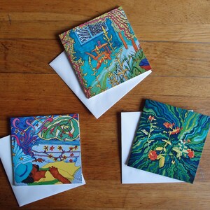 Lot de 3 cartes de voeux, cartes colorées lumineuses, design inhabituel, carte de voeux vierge, cartes d'art originales