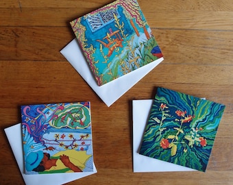 Prints of Hand Drawn Art Greeting Cards: Bright Colorful Nature Designs - Pack of 3