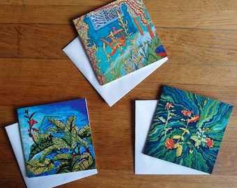 Vibrant Hand-Drawn Art Greetings Cards: Bright Colorful Nature Designs - Pack of 3