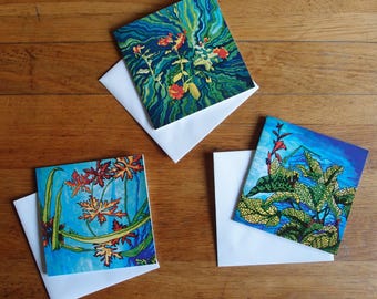 Nature Inspired Hand-Drawn  Greeting Cards:  Bright Colors - 3 Pack