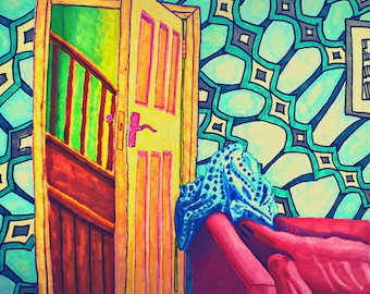 Colorful Doorway Art Print: Modern Staircase Illustration
