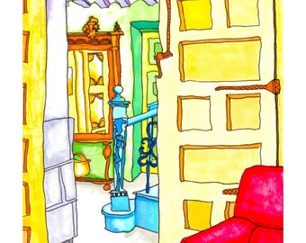 Spainish Interior Print, View through doorway, Grand house, Vibrant Colorful Wall Art,