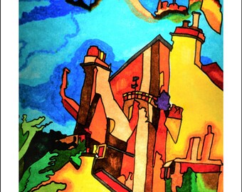Colourful Rooftops and sky small print, Unusual Urban Home Decor