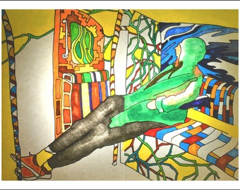 Sleeping Man Dream on London Underground, Vibrant A4 Art Print - Framed and Unframed