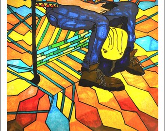 Colourful Construction Worker on Tube/Subway, Observational Figure Art: Small Art Print - Framed and Unframed