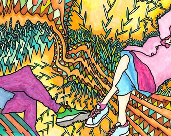 Touching Toes, Decorative Illustration: Small Print for home or Office - Framed or Unframed