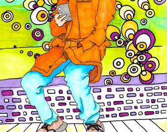 Man with Phone Painting, Colorful Abstract Art Print