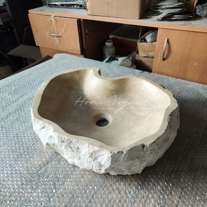 Beige Marble Sink, Natural Stone Sink, Hand Carved Sink, Farmhouse Bathroom Sink, Roughish Exterior Vanity Sink, Chiseled Stone Sink