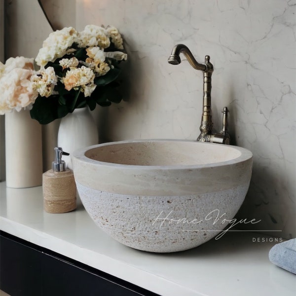 Lavandino per toilette minuscolo in pietra naturale su ordinazione, lavandino per bagno rotondo in travertino, lavandino in marmo con misurazione personalizzata, arredamento per lavandino del bagno