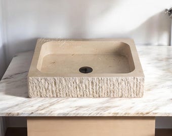 Hand-Carved Travertine Stone Sink, Unique Marble Sink