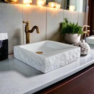 White Marble Rectangle Sink, Chiseled Marble Vessel Sink, Powder Room Sink Vanity, Custom Order Marble Sink, Hand Carved Stone Sink