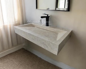 Travertine Marble Wall Mount Sink: Floating Vanity, Custom Rectangular Stone Basin