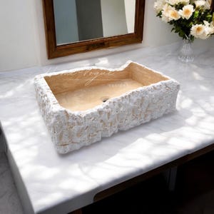Cream Rough Hewn Stone Travertine Sink, Made to Order Sink, Powder Room Sink, Beige Marble Sink, Custom Measurement Marble Sink