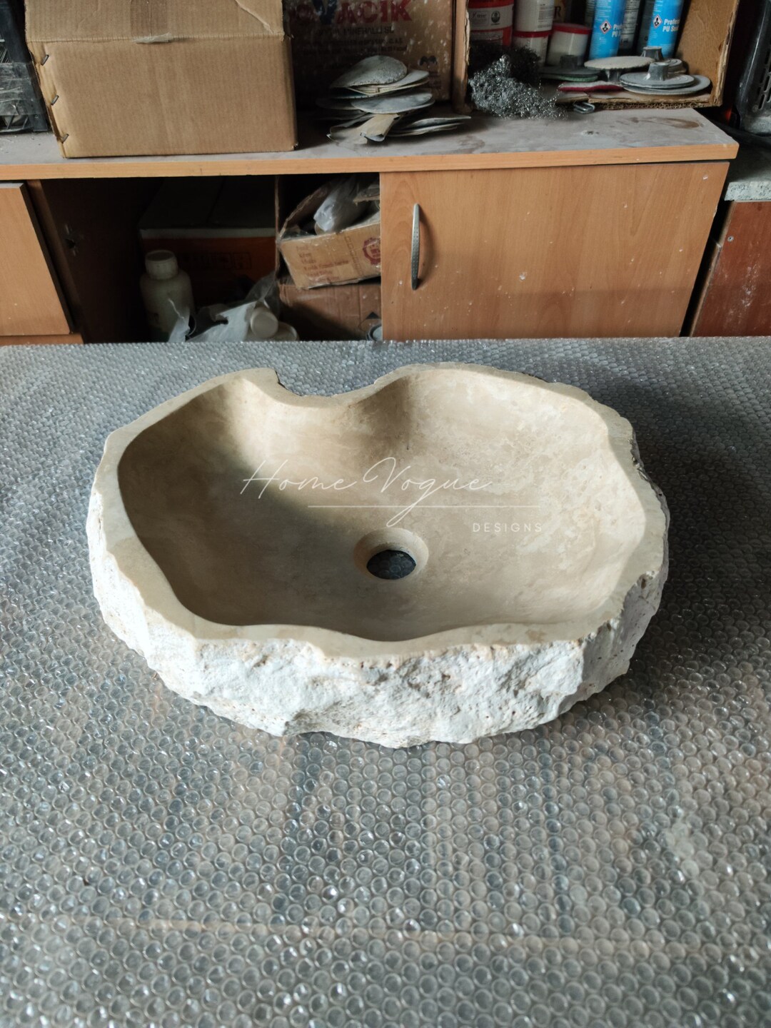 Image showcasing Rough Hewn Exterior Stone Bathroom Sink: Cream Marble Vanity Basin ...