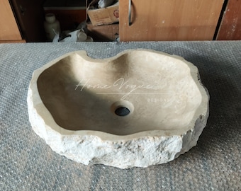 Rough Hewn Exterior Stone Bathroom Sink: Cream Marble Vanity Basin, Rectangular Vessel Design