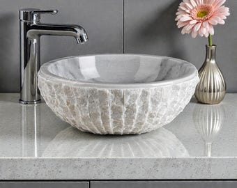 White Hand Carved Marble Sink, Round Basin