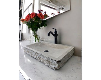 Chiseled Travertine Rectangle Sink, Beige Stone Marble Sink, Made to Order Sink, Powder Room Sink, Wall Hung Sink, Marble Sink