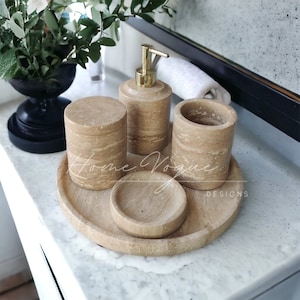 Travertine Marble 5 Pieces Bathroom Set, New Home Gift, Gift for Mom, Bathroom Accessories, Gifts for Newlyweds, Bathroom Decor