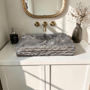 Gray Marble Vessel Sink, Hand Carved Stone Bathroom Sink, Luxury Natural Stone Vanity Sink, Chiseled Edge Rectangular Basin