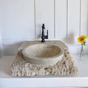 Rock Sink, Hand Carved Travertine Vessel Sink, Earth-Toned Architectural Sink, Raw Finish Travertine Basin, High End Stone Vanity Sink