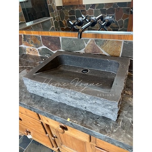 Natural Black Marble Rectangular Sink with Carved Exterior, Stunning Marble Sink, Rough Chiseled Marble Sink, Marble Vanity for Bathroom