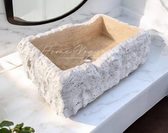Pia de banheiro artesanal em mármore travertino: cuba de pedra natural
