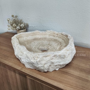 Chiseled Stone Made to Order Custom Sink, Cream Rough Hewn Stone Bowl Sink, Travertine Marble Sink, Round Countertop Stone Sink