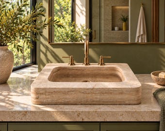 May include: A rectangular beige travertine stone bathroom sink with a smooth, polished finish and rounded corners. The sink features a central faucet and two side handles in a brushed brass finish, set into a matching stone countertop surface.