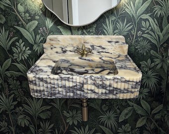 Fluted Wall Mounted Marble Sink, Calacatta Viola Marble Sink and Backsplash
