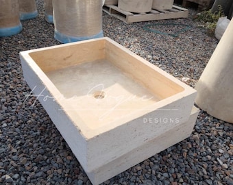 Natural Stone Roughish Exterior Vanity, Cream Marble Rectangle Sink, Tiny Powder Room Sink, Chiseled Stone Sink, Small Marble Sink