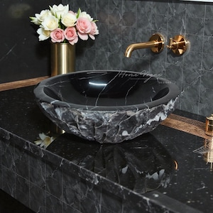 Black Marble Bathroom Vessel Sink 16 inches, Small Powder Room Sink, Chiseled Stone Basin