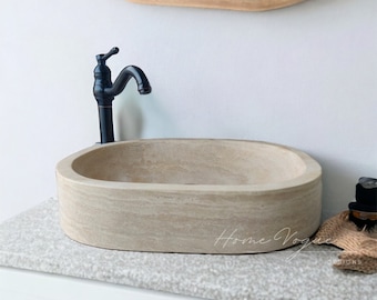 Handgefertigtes Travertin Oval Waschbecken: Beige Marmor Rundes Becken