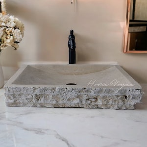 Chiseled Travertine Rectangle Sink, Beige Stone Marble Sink, Made to Order Sink, Powder Room Sink, Wall Hung Sink, Marble Sink