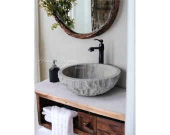 Silber Travertin Waschbecken, gemeißeltes Stein Becken (42 cm x 42 cm x 6 cm)