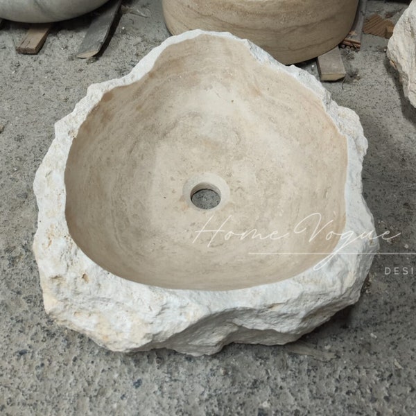 Cream Rough Hewn Stone Bowl Sink, Carved Marble Customized Farmhouse Washbasin, Travertine Natural Stone Basin