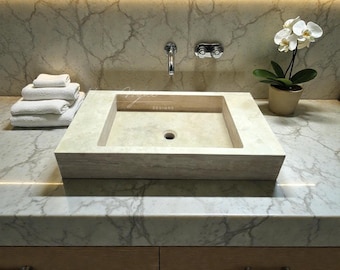 Travertine Marble Bathroom Sink, Travertine Stone Rectangle Sink Custom Size