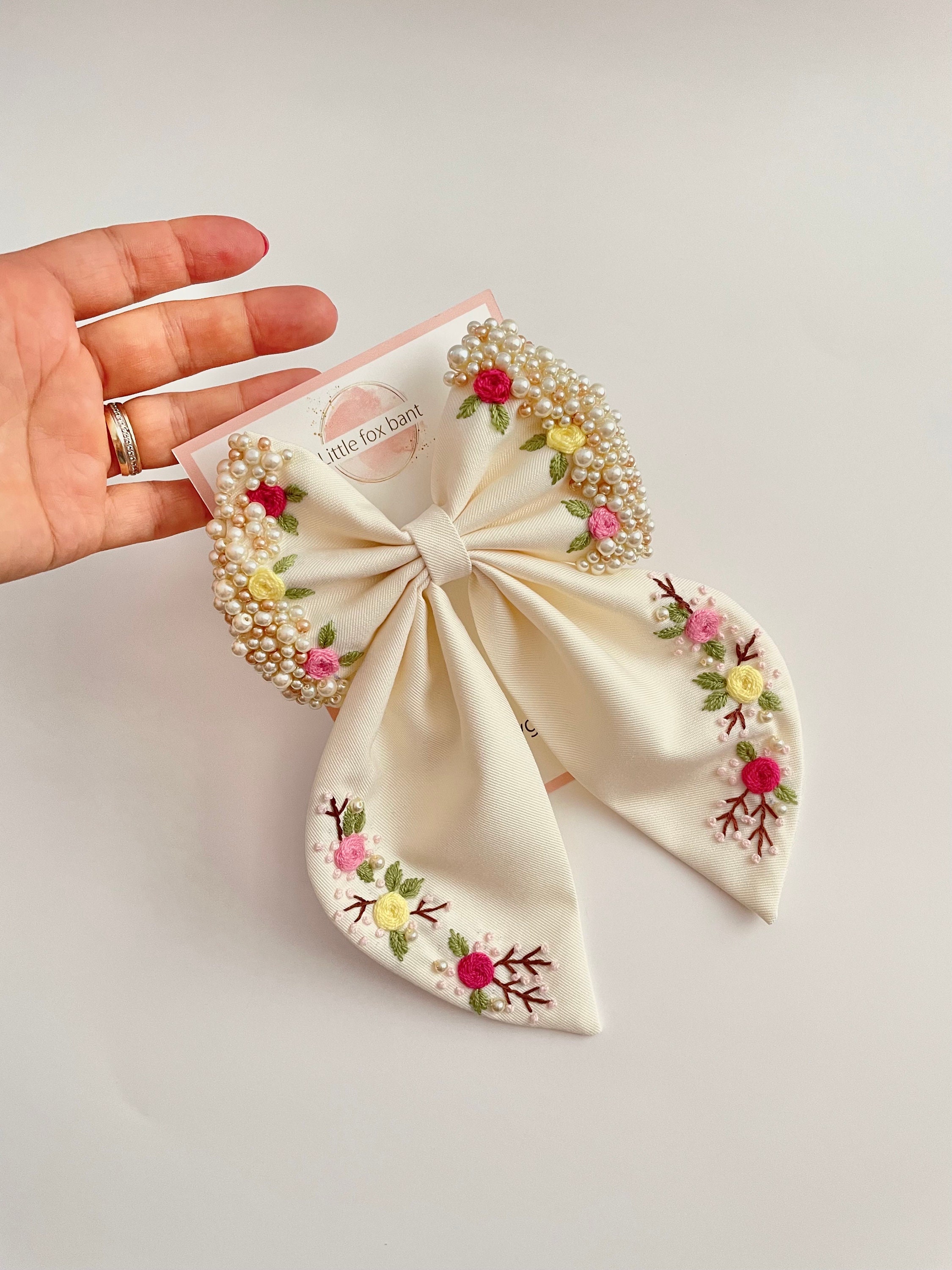 Embroidered Hair Bow Linen Hair Bow Hair Accessories Hand Embroidered Hair Bow Linen Hair Bow Hair Accessories Hand
