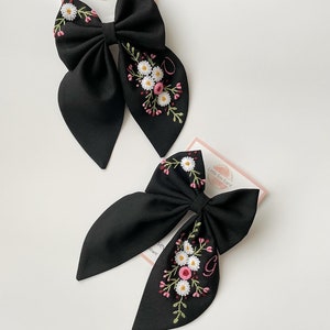Embroidered Hair Bow, Linen Hair Bow, Hair Accessories, Hand ...